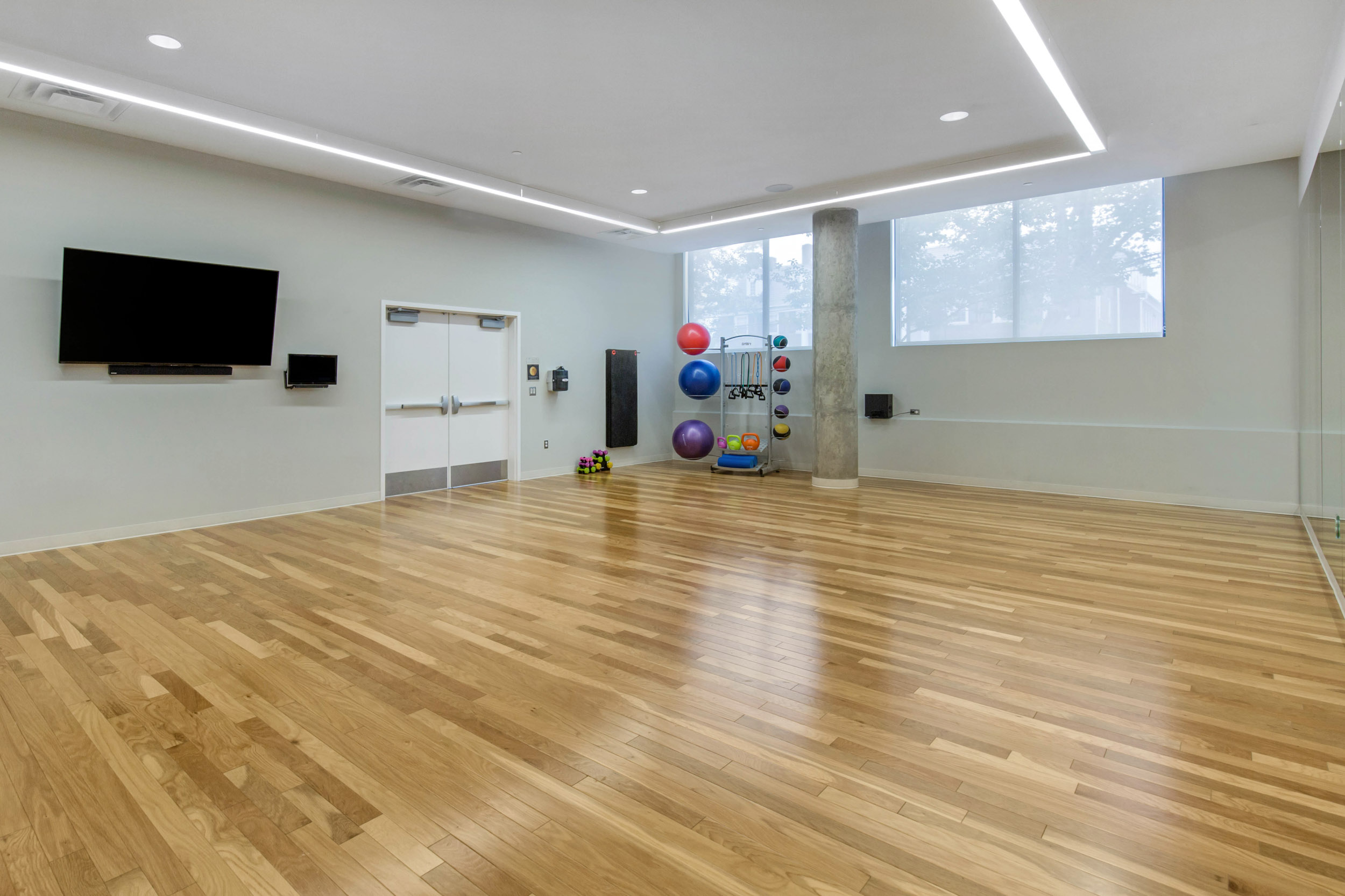 Landmark’s yoga and spin studio has everything you need to move, stretch and ride, including mats, bands, light weights and Matrix bikes.