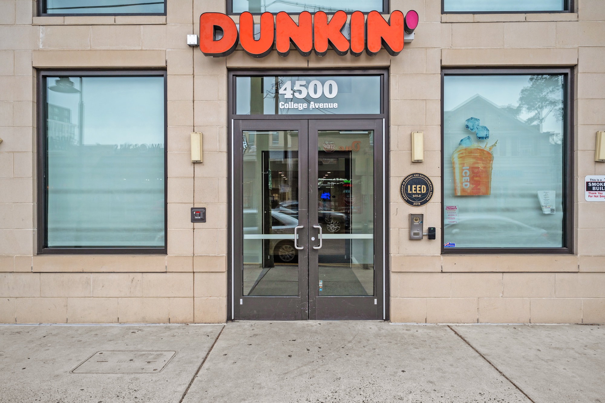Exterior of the Dunkin' Donuts located in the lobby of the Landmark College Park student apartment near UMD.