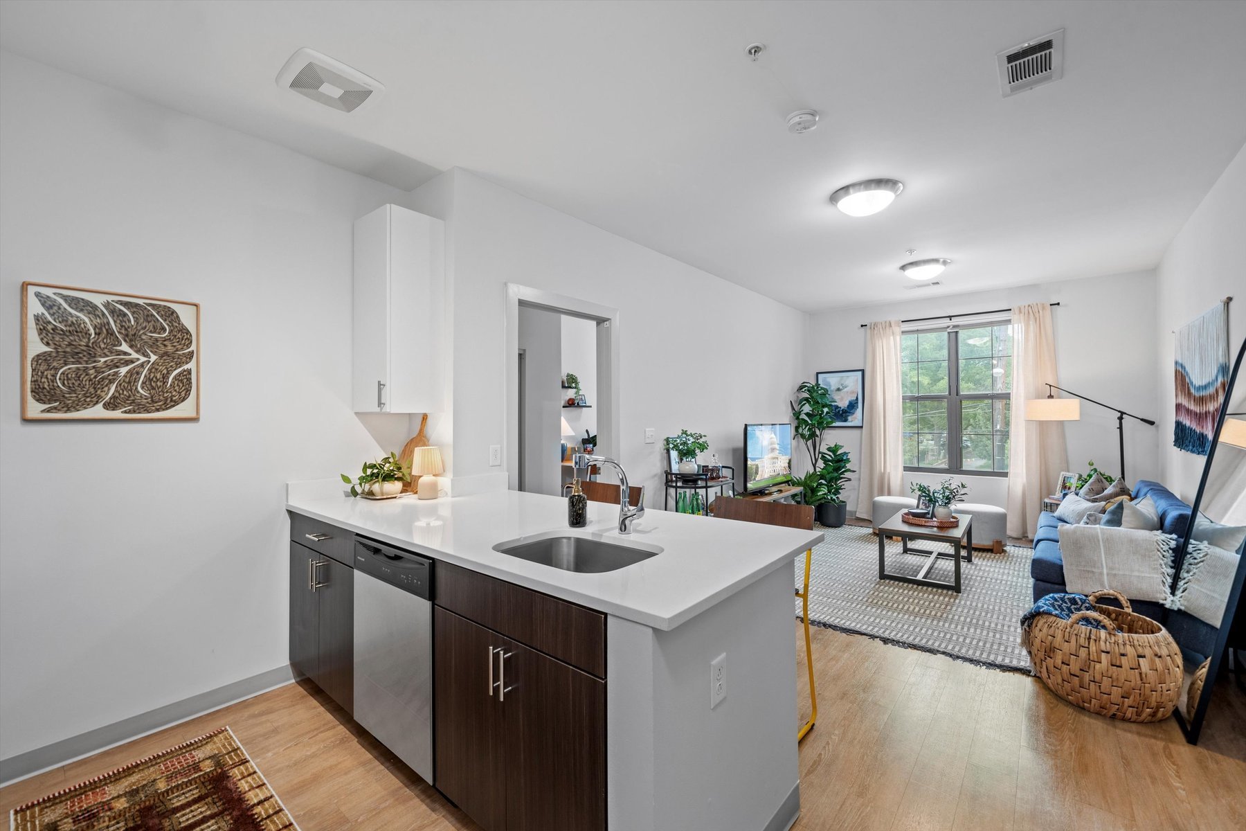 Modern open-concept apartment at Landmark College Park with a white kitchen island and stainless steel sink, leading into a bright living room featuring a blue sofa, plants, large window, and plenty of natural light.