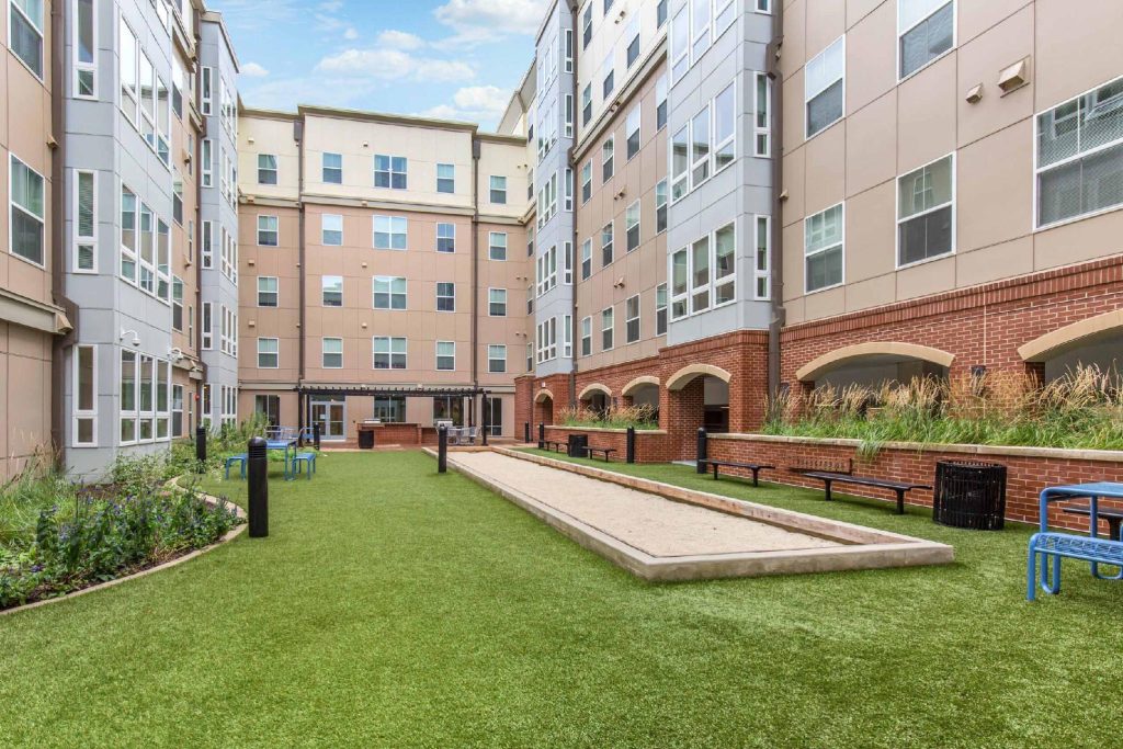 Exterior view of Landmark College Park’s outdoor courtyard area. 