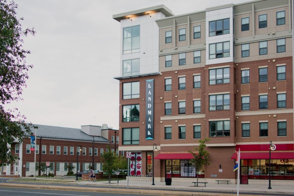Exterior view of Landmark Apartments near UMD campus. 