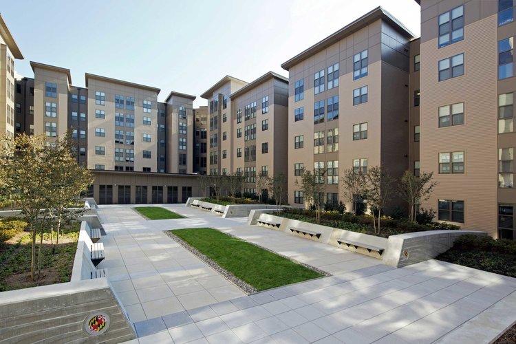 Exterior image of The Varsity courtyard and building at UMD. 
